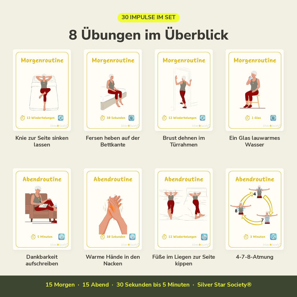 Acht Karten aus dem Set Morgen- und Abendroutine, von Fersen heben auf der Bettkante bis zur 4-7-8-Atmung