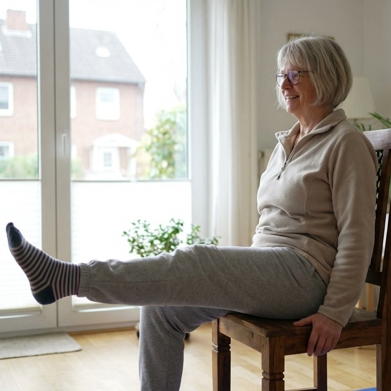 Seniorin streckt im Sitzen das Bein für mehr Kraft