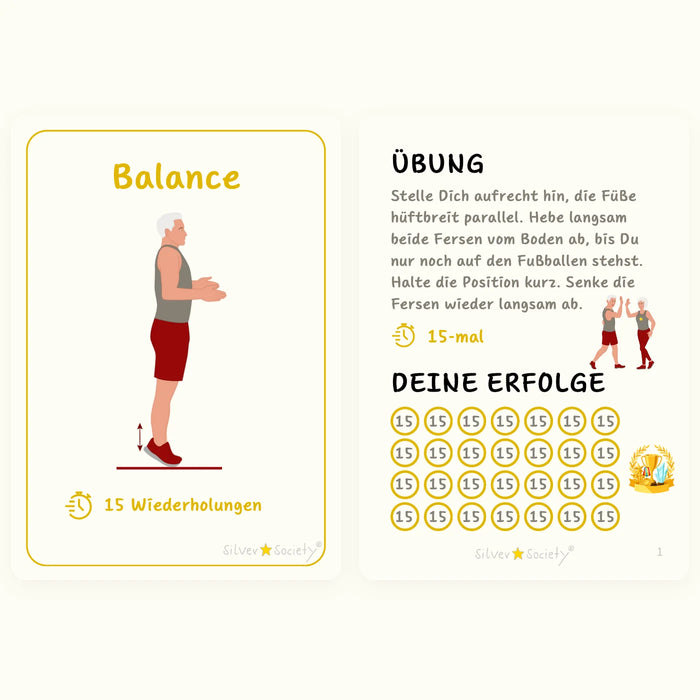 Balance-Übungskarte Fersenheben: Vorder- und Rückseite mit Motivationstracker