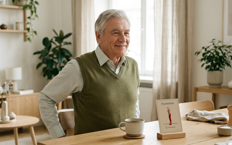 Mann ab 60 kreist am Esstisch die Schultern, die Übungskarte Nacken + Schultern steht im Holzhalter neben der Kaffeetasse