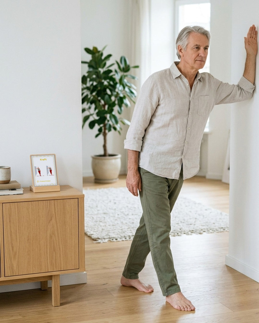 Mann ab 60 stützt sich im Wohnzimmer seitlich an der Wand ab und spannt Bauch und Rücken an, daneben die Übungskarte Rücken + Bauch