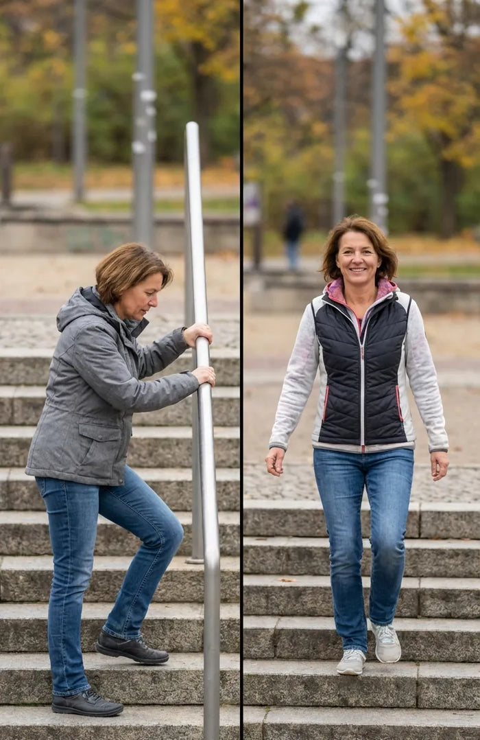 Treppe mit Festhalten am Geländer und Treppe frei gehen im Vergleich
