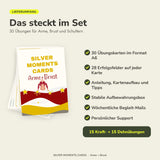 Lieferumfang Arme + Brust: 30 Übungskarten im A6-Format, 28 Erfolgsfelder pro Karte, Anleitung und Kartenaufbau, Aufbewahrungsbox, Begleit-Mails und Support