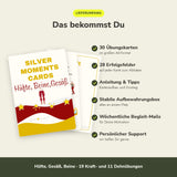 Lieferumfang Hüfte, Gesäß, Beine: 30 Übungskarten im A6-Format, 28 Erfolgsfelder pro Karte, Anleitung und Tipps, Aufbewahrungsbox, Begleit-Mails und Support