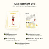 Lieferumfang: 30 Übungskarten, Motivationstracker, Anleitung, Begleit-Mails
