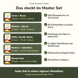 Lieferumfang Master Set: fünf Kartensets mit je 30 Übungskarten, fünf Metallboxen mit Sichtfenster, Begleit-Mails und Support