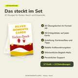 Lieferumfang Rücken + Bauch: 30 Übungskarten im A6-Format (17 Kraft, 13 Dehnung), 28 Erfolgsfelder pro Karte, Anleitung, Aufbewahrungsbox, Begleit-Mails und Support