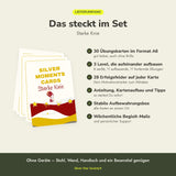Lieferumfang Silver Moments Cards Starke Knie: 30 Übungskarten im A6-Format in 3 Leveln, Anleitung, Aufbewahrungsbox und Begleit-Mails