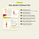 Lieferumfang Treppensteigen: 30 Übungskarten im A6-Format, 28 Erfolgsfelder pro Karte, Anleitung und Kartenaufbau, Aufbewahrungsbox, Begleit-Mails und Support