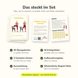 Lieferumfang Vom Boden aufstehen: 30 Übungskarten, 3 Varianten-Karten mit QR-Code zum Video, Aufbewahrungsbox, Kurzanleitung und Begleit-Mails