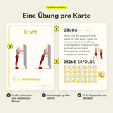 Übungskarte Arme + Brust von vorne und hinten: große Illustration, Anleitung in großer Schrift und 28 Erfolgsfelder zum Abhaken