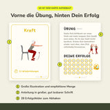 Übungskarte Hüfte, Gesäß, Beine von vorne und hinten: große Illustration, Anleitung in großer Schrift und 28 Erfolgsfelder zum Abhaken