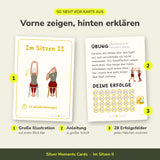 Übungskarte Im Sitzen II von vorne und hinten: große Illustration, Anleitung in großer Schrift und 28 Erfolgsfelder zum Abhaken