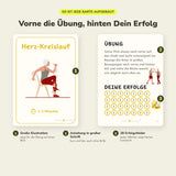 Übungskarte Im Sitzen III von vorne und hinten: große Illustration, Anleitung in großer Schrift und 28 Erfolgsfelder zum Abhaken