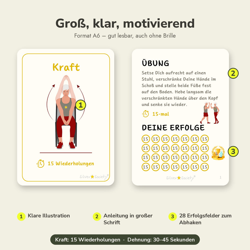 Übungskarte Im Sitzen mit Illustration, Anleitung und 28 Erfolgsfeldern