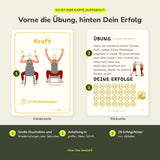 Übungskarte Nacken + Schultern vorne mit Illustration und Wiederholungen, hinten mit Anleitung und 28 Erfolgsfeldern