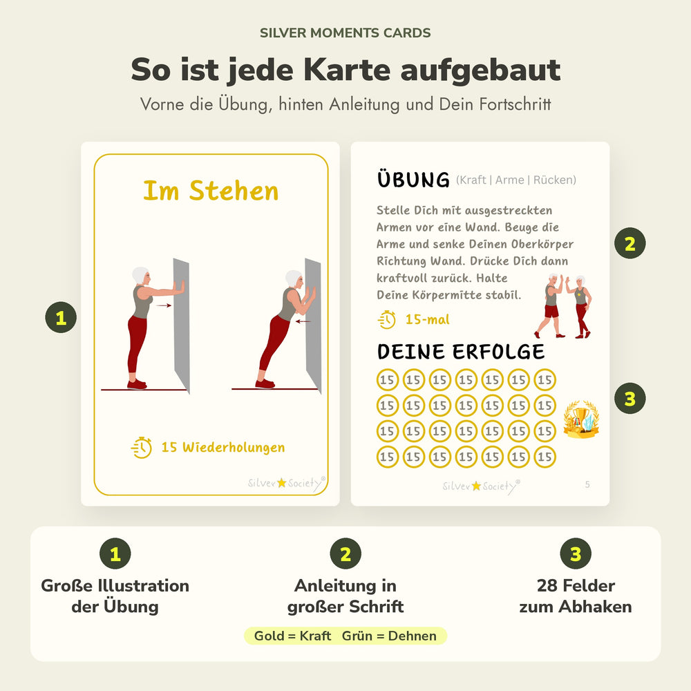 Übungskarte Im Stehen mit Illustration, Anleitung und 28 Erfolgsfeldern