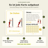Übungskarte Im Stehen mit Illustration, Anleitung und 28 Erfolgsfeldern, Vorder- und Rückseite