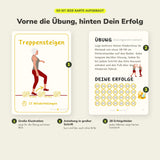 Übungskarte Treppensteigen von vorne und hinten: große Illustration, Anleitung in großer Schrift und 28 Erfolgsfelder zum Abhaken