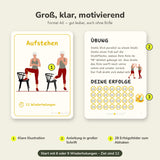 Übungskarte Vom Boden aufstehen von vorne und hinten: klare Illustration, Anleitung in großer Schrift und 28 Erfolgsfelder zum Abhaken