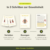 So funktionieren die Karten Im Sitzen II: 3 Karten im Alltag verteilen, 1–3 Minuten im Sitzen bewegen, Erfolg abhaken