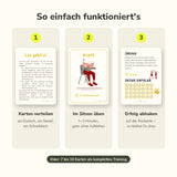 So funktionieren die Karten Im Sitzen: am Esstisch oder Sessel verteilen, 1–3 Minuten im Sitzen üben, Erfolg abhaken