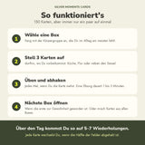 So funktioniert das Master Set: eine Box wählen, 3 Karten aufstellen, üben und abhaken, dann die nächste Box öffnen