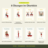 Acht Übungen aus dem Set Nacken + Schultern, vom Armheben bis zur Dehnung in der Zimmerecke
