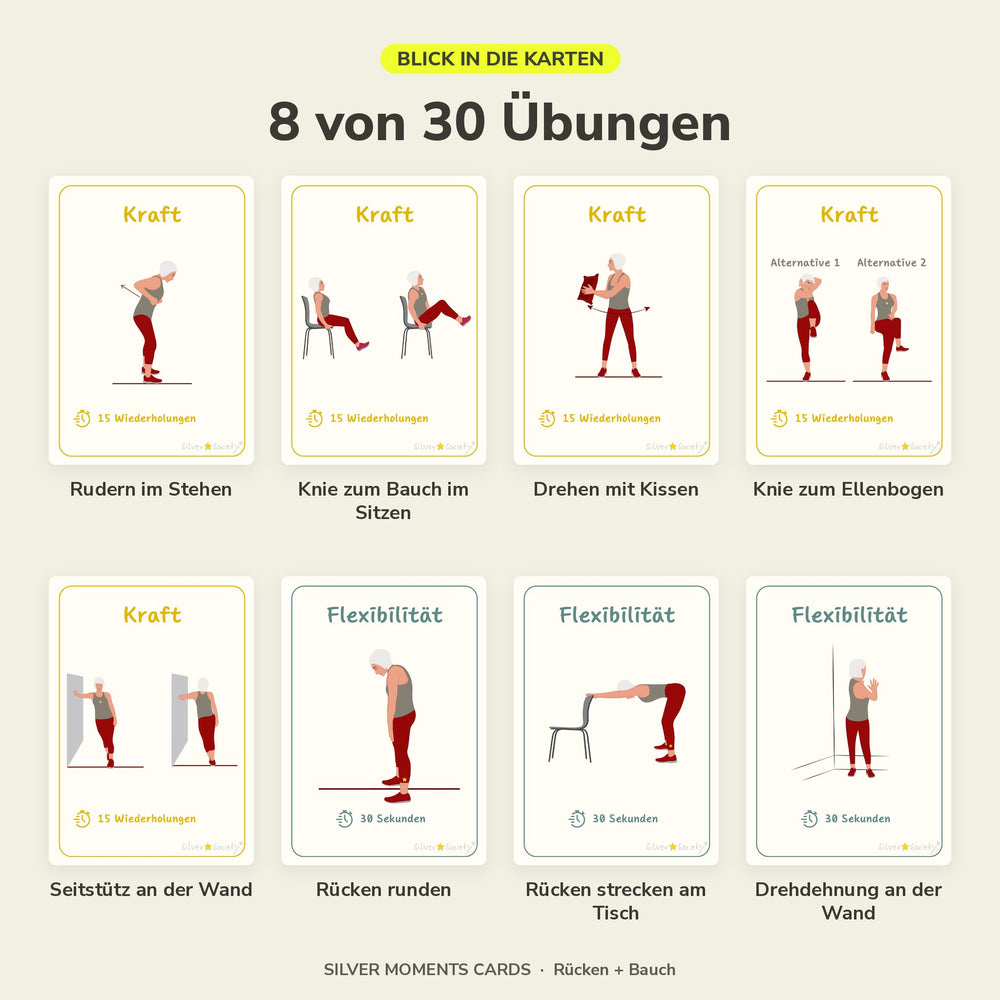 Acht Übungen aus dem Set Rücken + Bauch, vom Rudern im Stehen bis zur Drehdehnung an der Wand