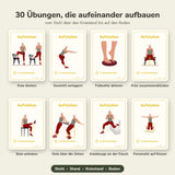 Überblick der 30 Übungen zum Aufstehen vom Boden – aufbauend vom Stuhl über Stand und Kniestand bis auf den Boden