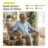 Mann ab 60 sitzt entspannt im Sessel, daneben steht eine Übungskarte Im Sitzen – sanft und sicher starten