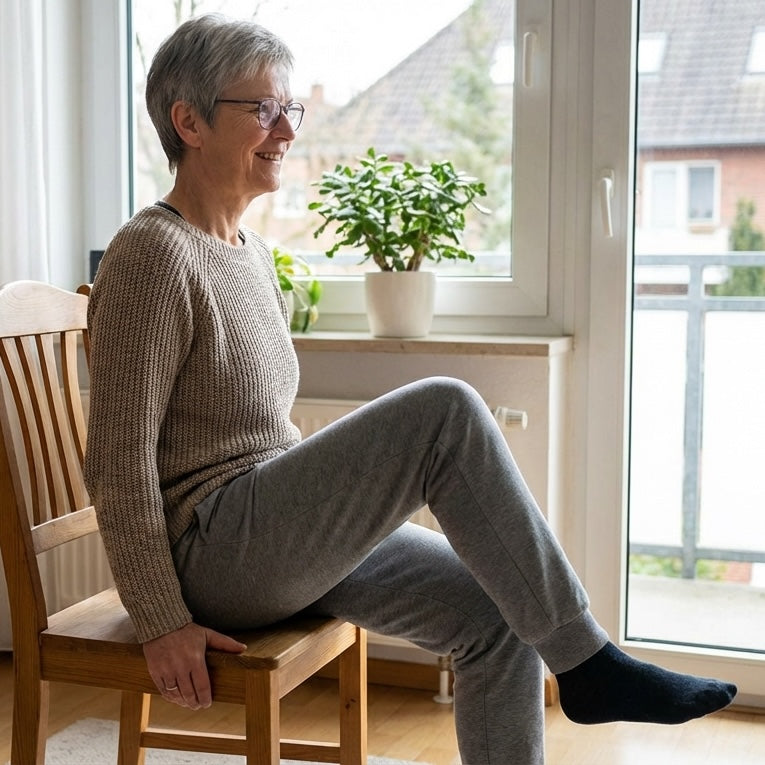 Seniorin macht Beinübung im Sitzen am Fenster