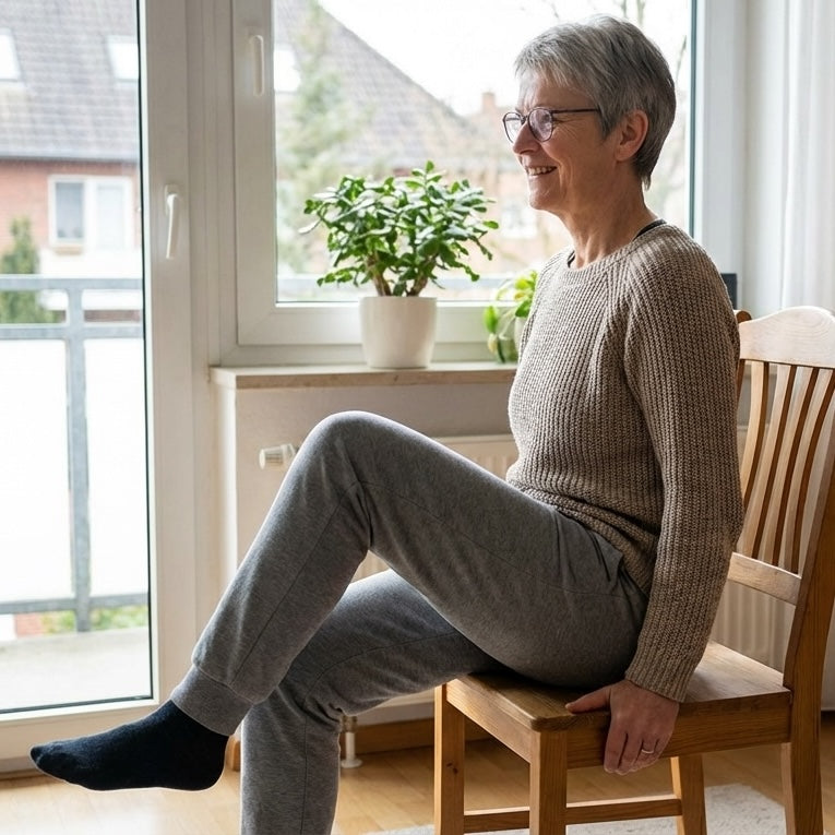 Seniorin trainiert die Beinkraft im Sitzen am Fenster