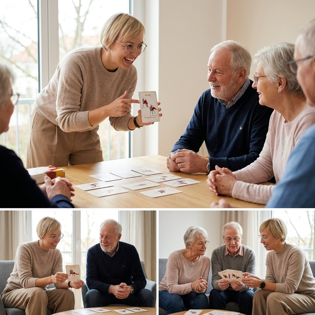 Nicole, Gründerin der Silver Star Society®, stellt Seniorinnen und Senioren die Bewegungskarten vor