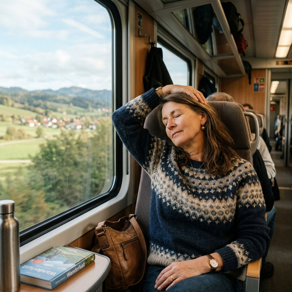 Frau dehnt ihren Nacken während einer Zugfahrt