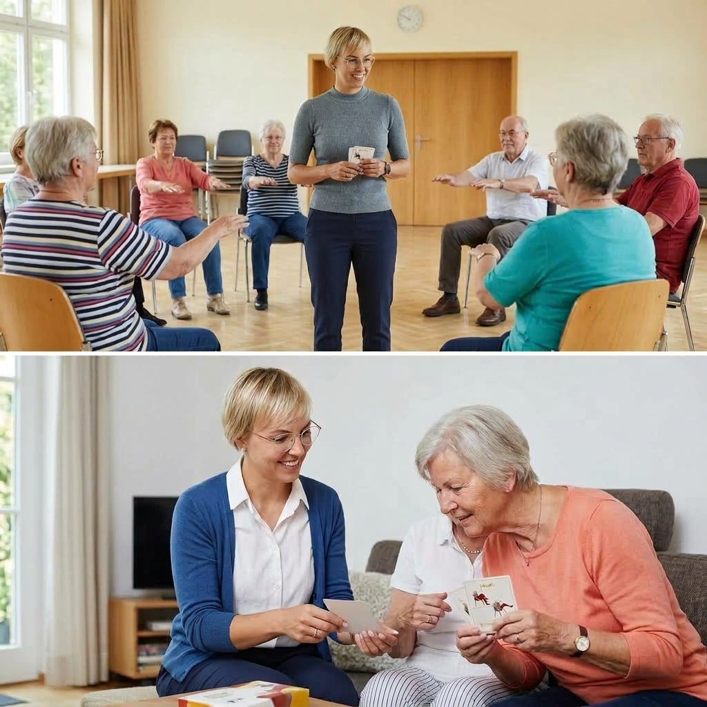 Großeltern machen gemeinsam Übungen mit den Silver Moments Bewegungskarten